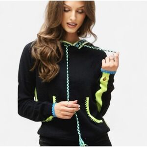 Brodie Cashmere Georgie Geo Trim Hoodie Black 100% Cashmere Sz S NWOT  $520